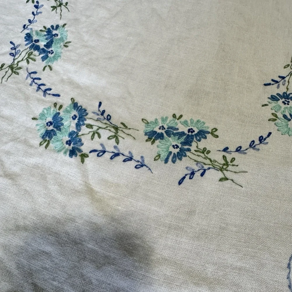 Blue Flower Hand Embroidered Rectangle Table Cloth 48